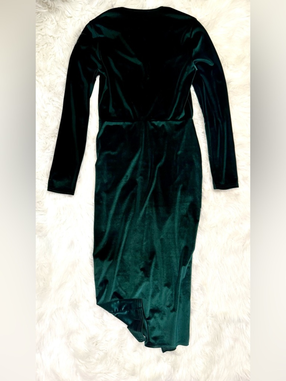 Club L London Deep Evergreen Velvet Midi Dress | Long Sleeve Wrap Slit | Size M - Picture 8 of 15